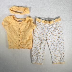 Little Lass Size 6 Girls 2 Piece Set w/ Head band Eyelet top with Sunflower Pant